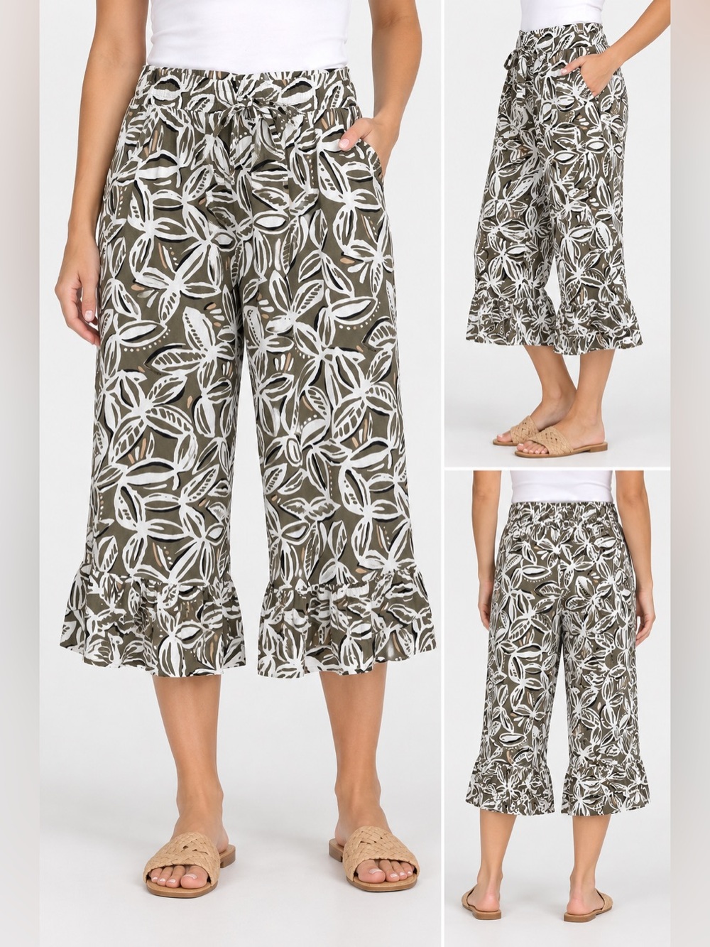 Cato linen blend tropical floral ruffle capris pull on elastic waist size small